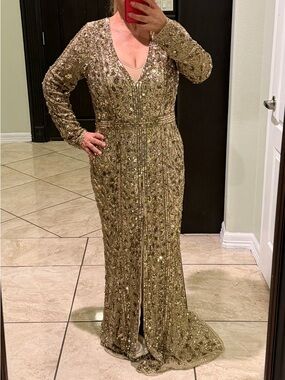 Gold Sequin Long-Sleeve V-Neck Evening Dress